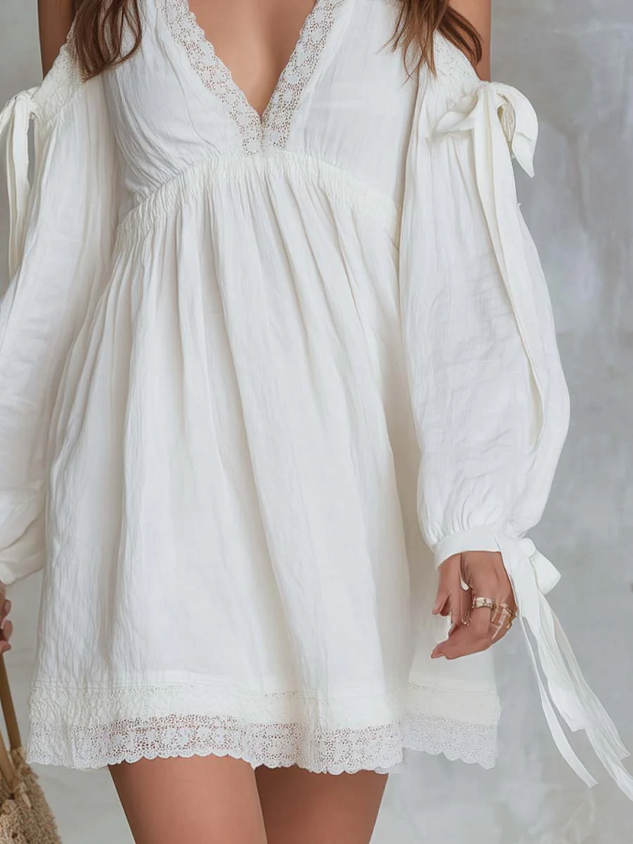 Retro Cold-shoulder Lace Trim White Mini Dress - Image 3