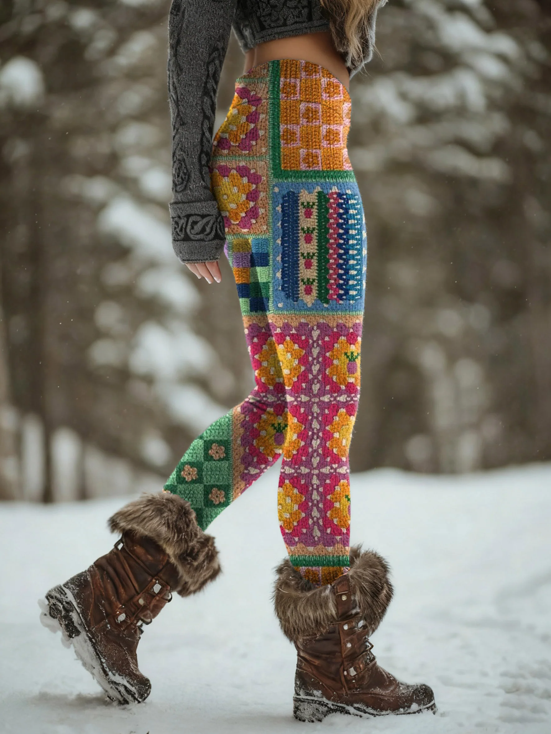 Retro Colorful Woven Textured Art Print Knit Leggings
