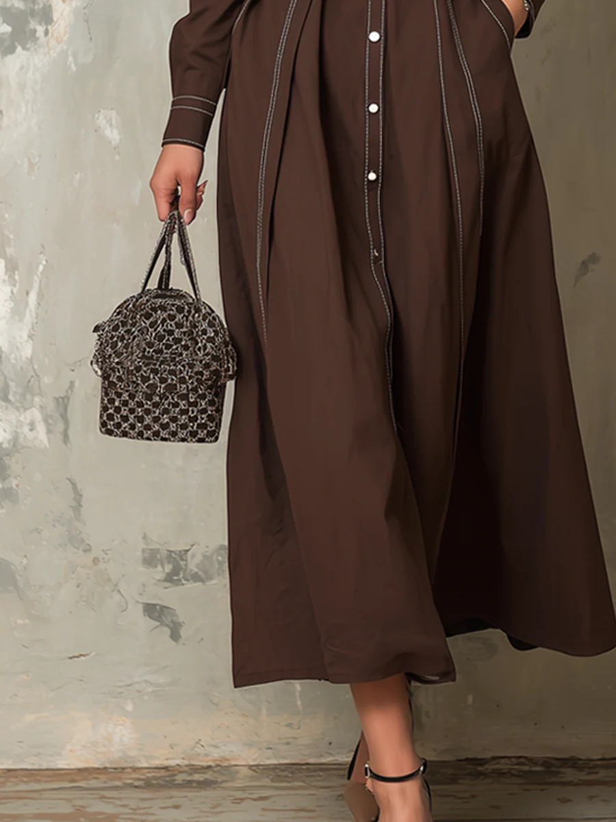 Retro Contrast Stitching Pocket Midi Dress - Image 4