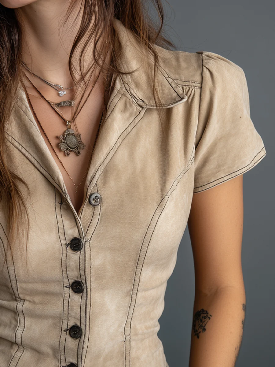 Retro Contrast Stitching Short-sleeved Suede Blouse - Image 4