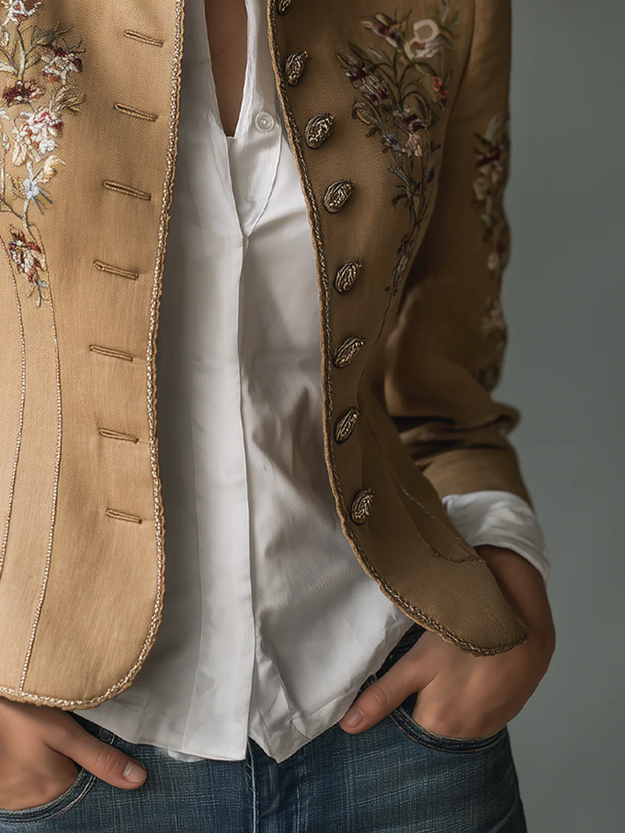 Retro Contrast Trim Floral Embroidered Jacket - Image 2