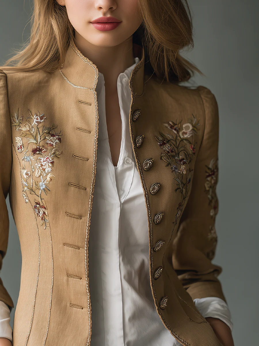 Retro Contrast Trim Floral Embroidered Jacket - Image 4