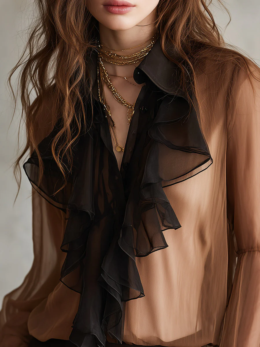 Retro Contrasting Double Layer Chiffon Ruffle Bell Sleeves Blouse - Image 2