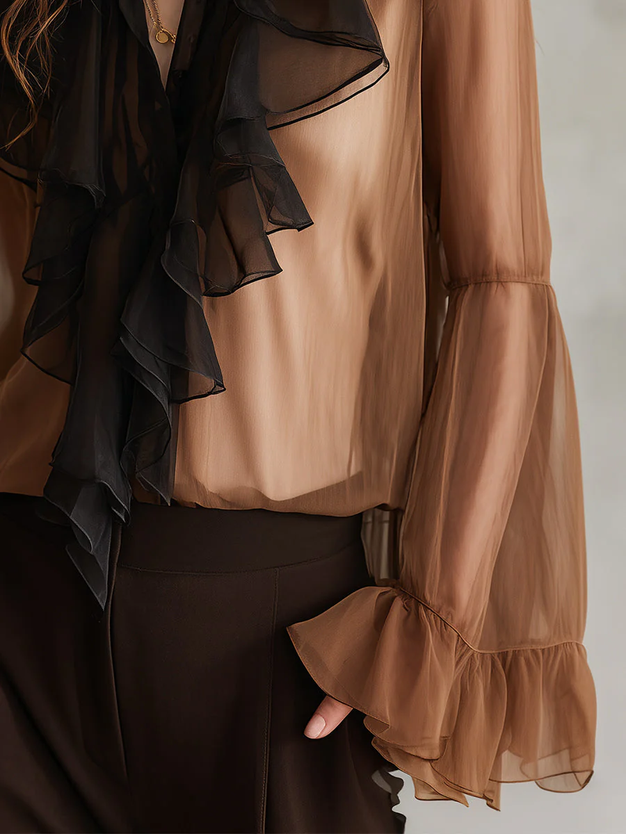 Retro Contrasting Double Layer Chiffon Ruffle Bell Sleeves Blouse - Image 3