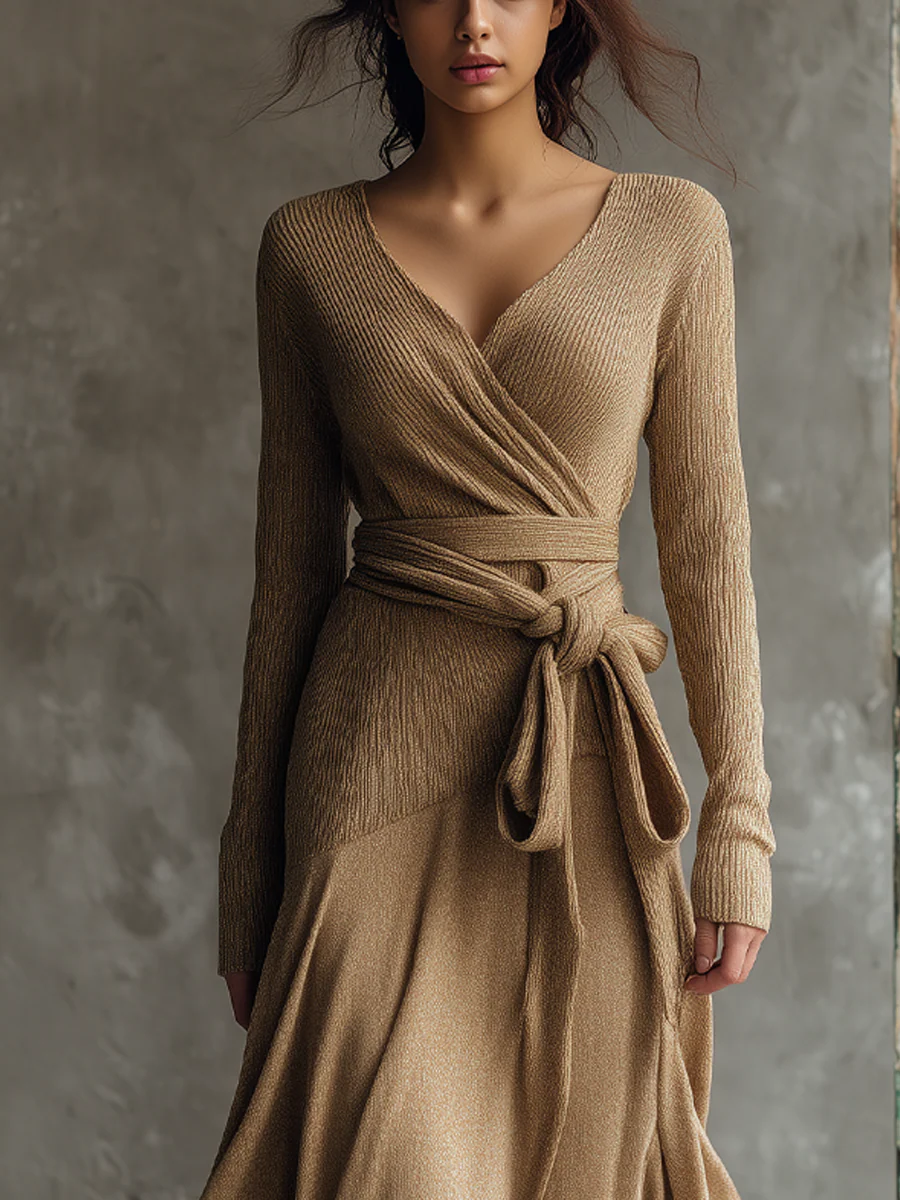 Retro Crossover Neck Knitted Mid-length Dress - Image 2