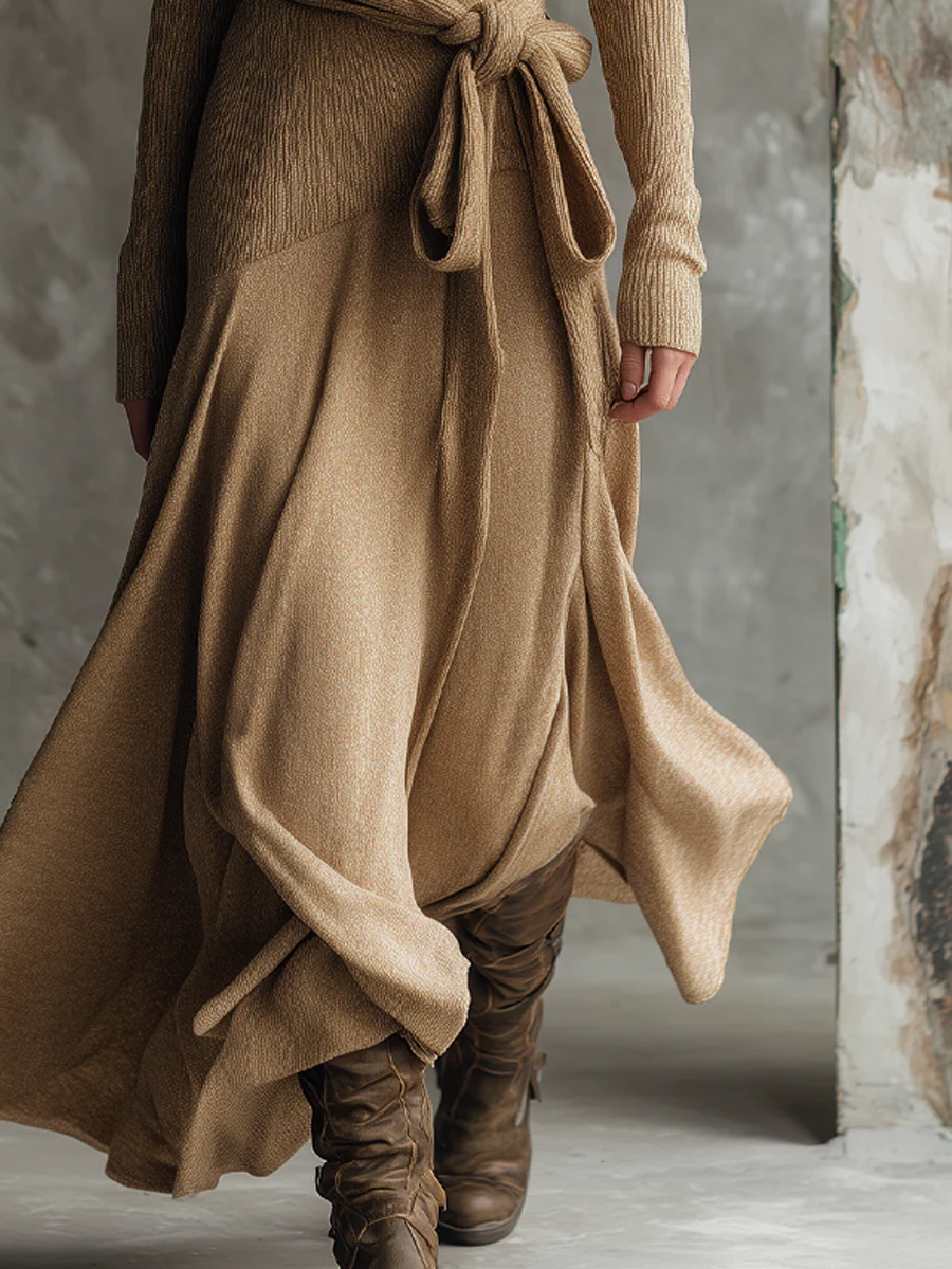 Retro Crossover Neck Knitted Mid-length Dress - Image 3