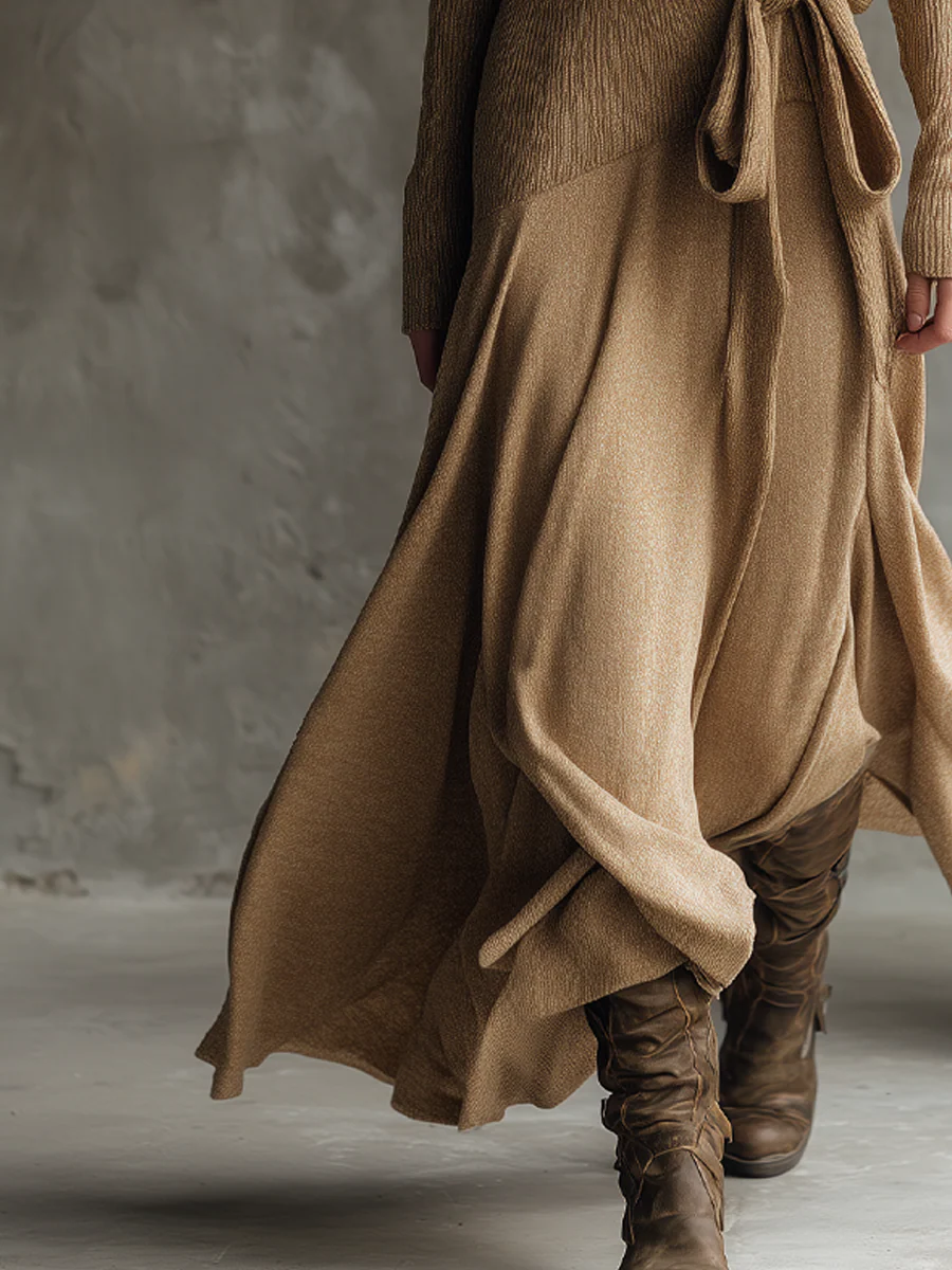 Retro Crossover Neck Knitted Mid-length Dress - Image 4