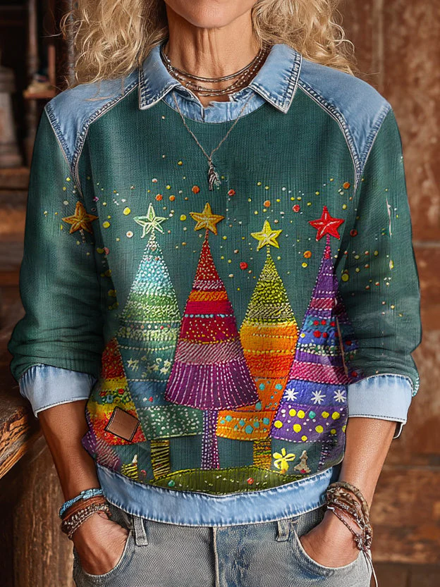 Retro Cute Christmas Tree Art Print Patchwork Casual Cotton Sweatshirt