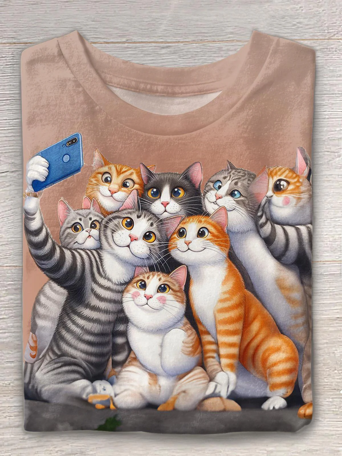 Retro Cute Selfie Kitten Print Crew Neck T-shirt - Image 2