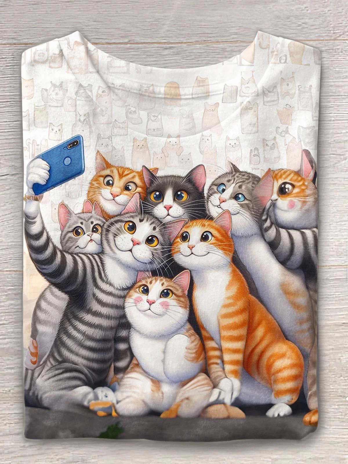 Retro Cute Selfie Kitten Print Crew Neck T-shirt - Image 3