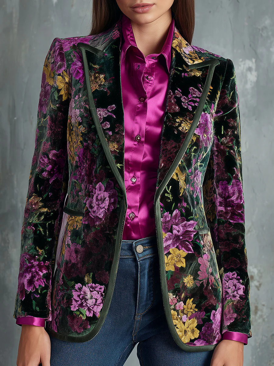 Retro Deep Green With Purple & Gold Botanical Pattern Velvet Blazer