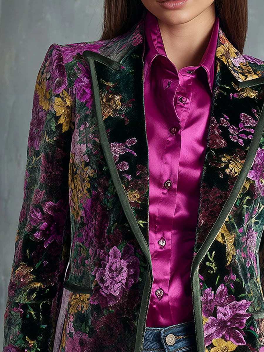 Retro Deep Green With Purple & Gold Botanical Pattern Velvet Blazer - Image 2