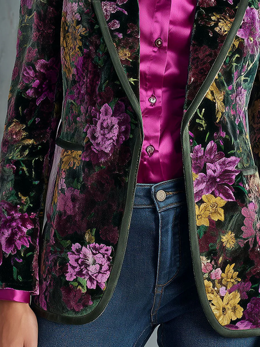 Retro Deep Green With Purple & Gold Botanical Pattern Velvet Blazer - Image 3
