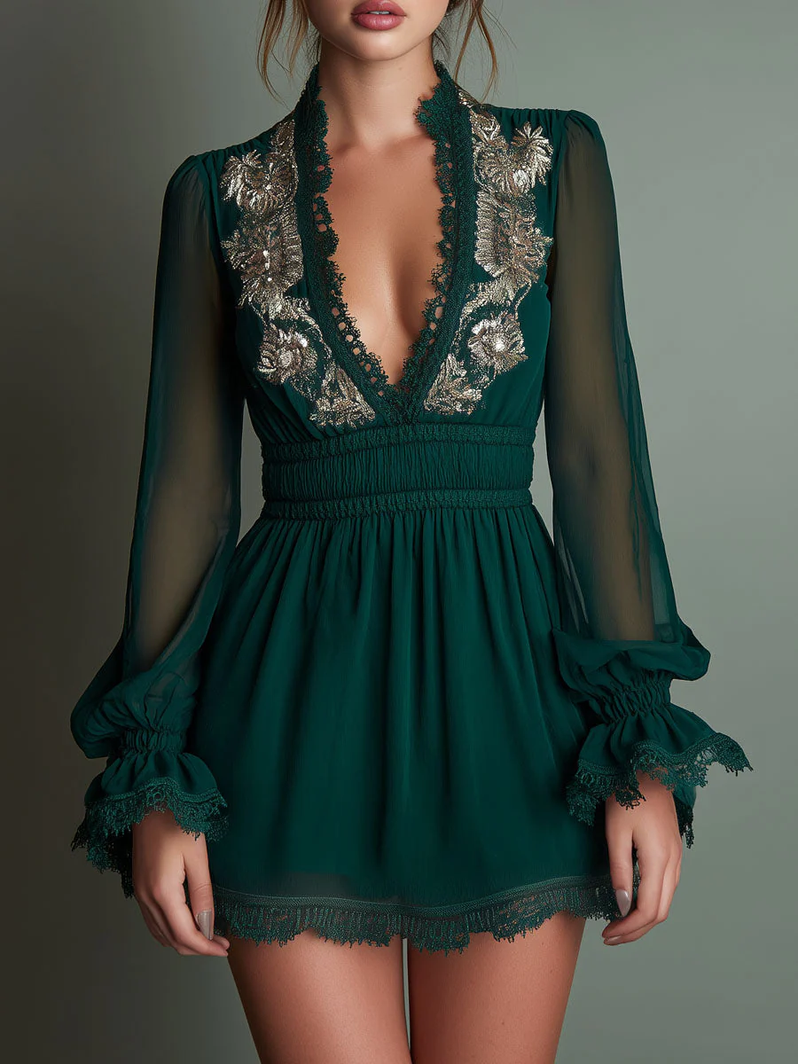 Retro Deep V-Neck Emerald Green Embroidered Chiffon Mini Dress