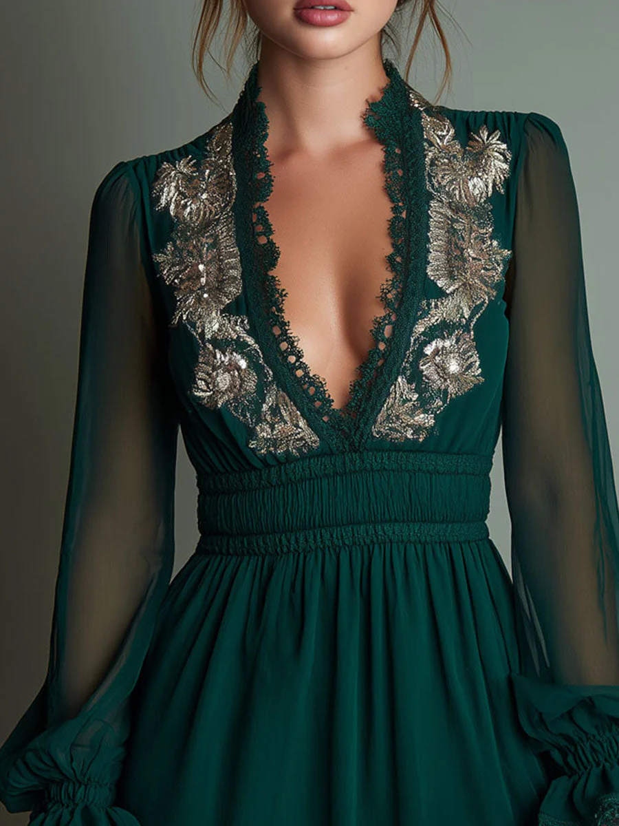 Retro Deep V-Neck Emerald Green Embroidered Chiffon Mini Dress - Image 2