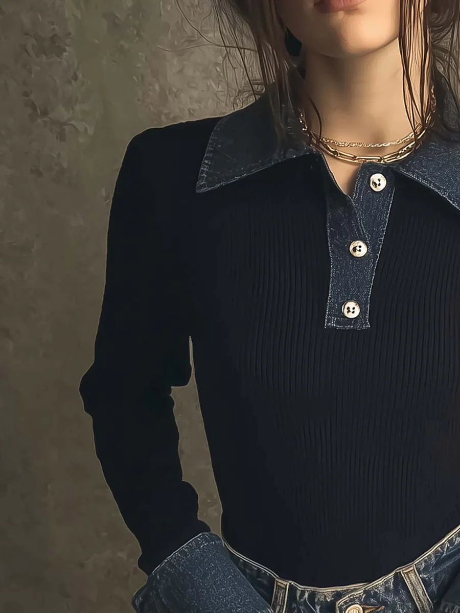 Retro Denim Collar Knit Polo Shirt - Image 2
