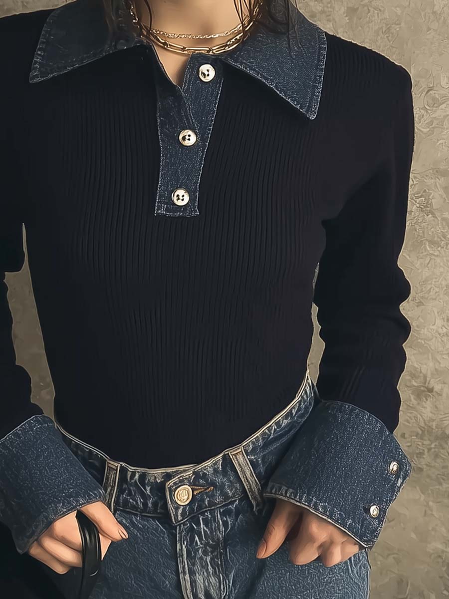 Retro Denim Collar Knit Polo Shirt - Image 3