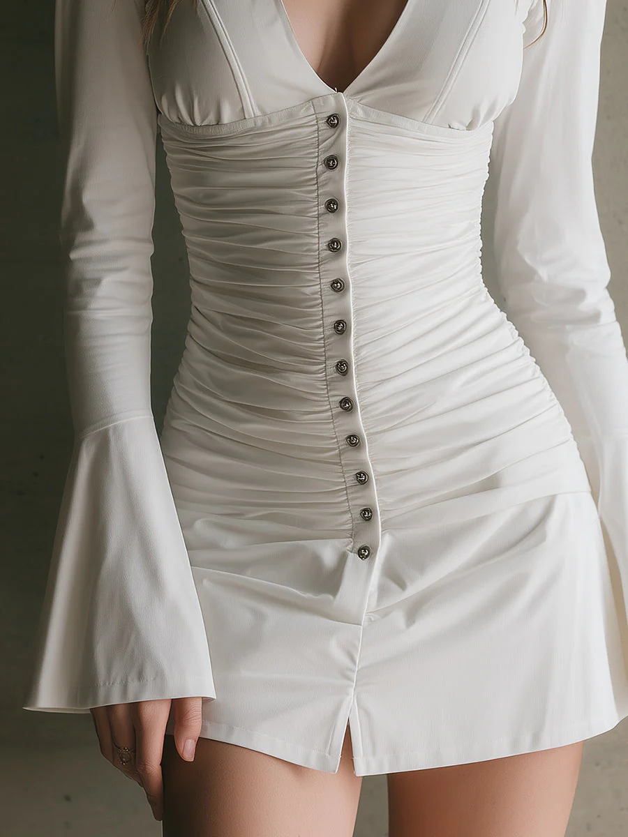 Retro Elegant Pleated Trumpet Sleeve Cotton Blend Mini Dress - Image 3