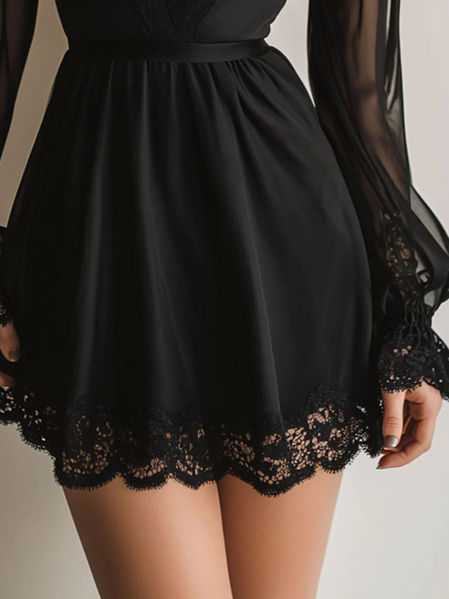 Retro Elegant V-neck Lace Trim Black Sheer Chiffon Mini Dress - Image 3