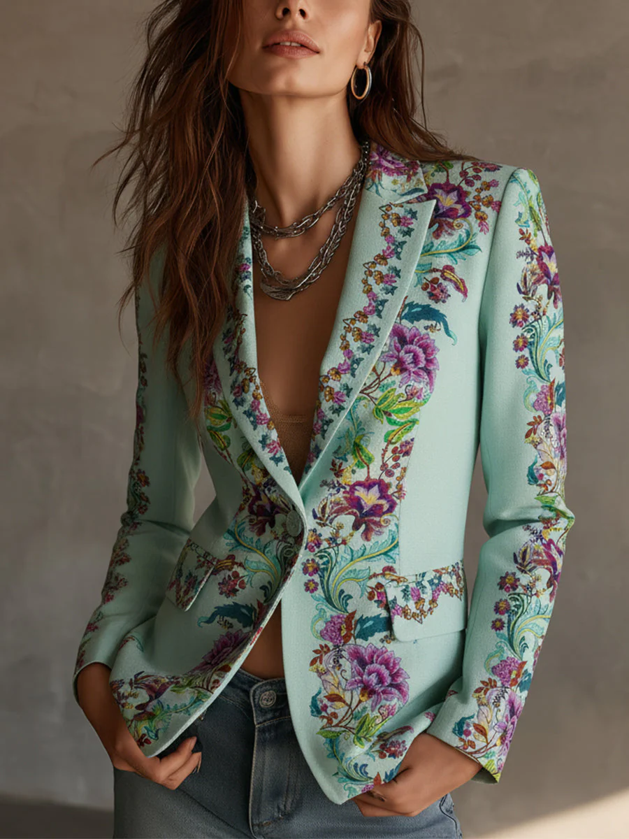 Retro Ethnic Style Printed Lapel Slim Fit Blazer