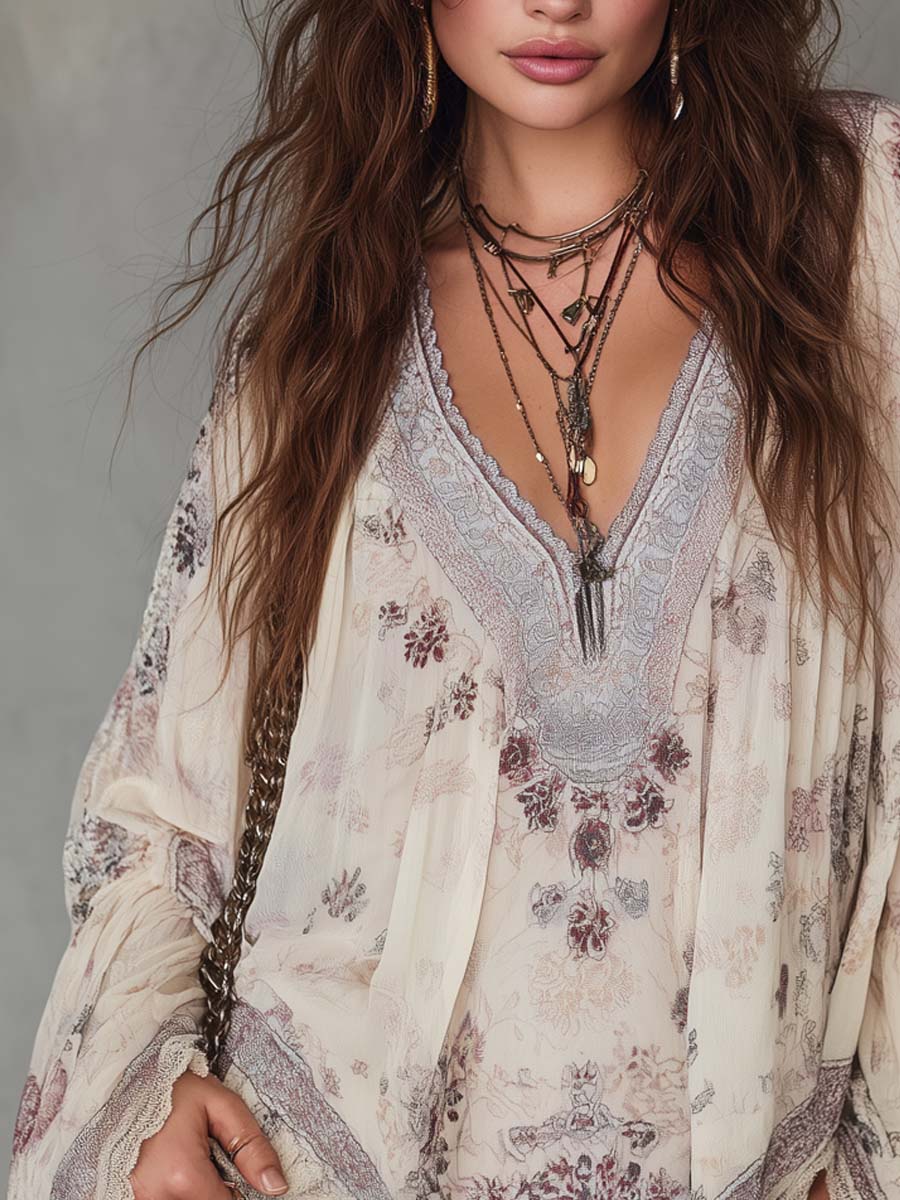 Retro Ethnic Style Trim Floral Chiffon Blouse - Image 2