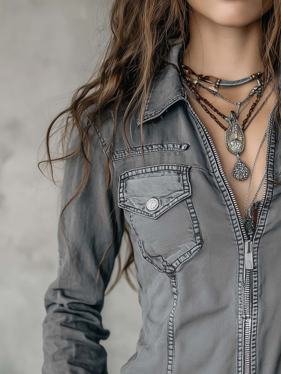 Retro Flap Pocket Zipper Placket Long-sleeved Denim Blouse - Image 2