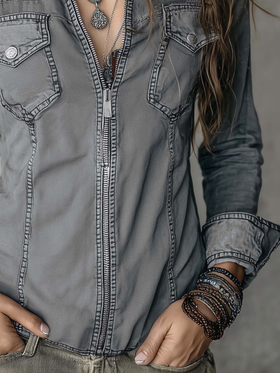 Retro Flap Pocket Zipper Placket Long-sleeved Denim Blouse - Image 3