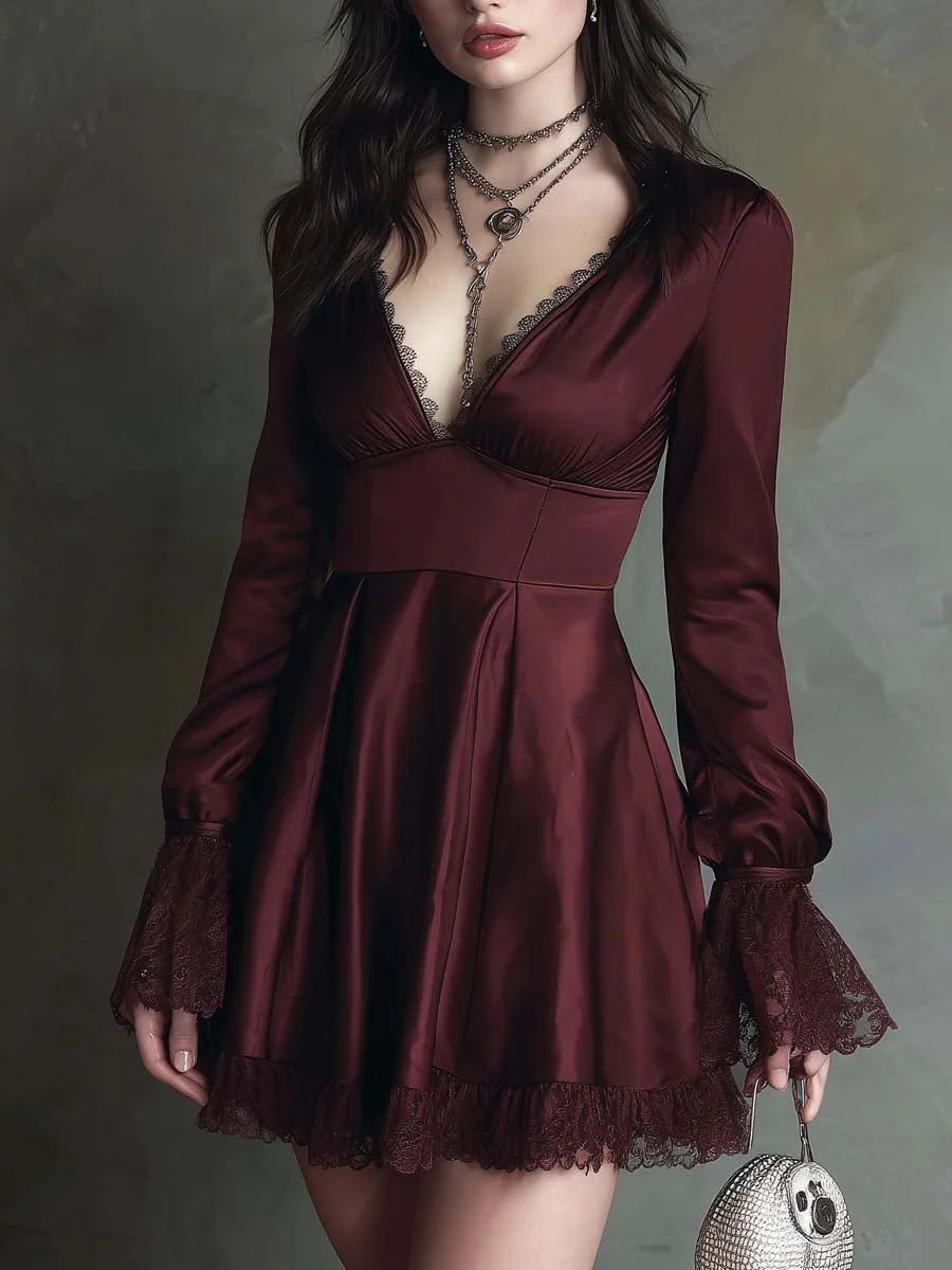 Retro Flare Hem Lace Trim Polyester Satin Mini Dress