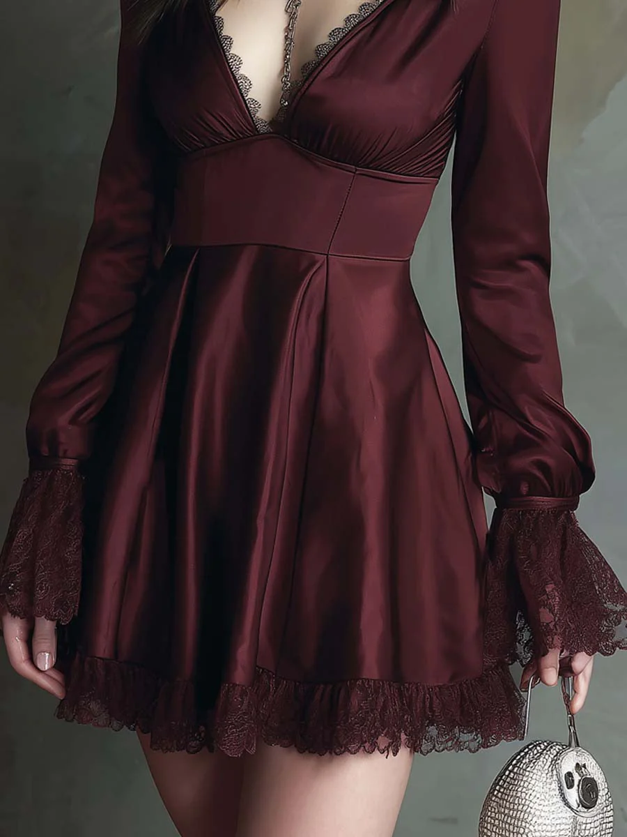 Retro Flare Hem Lace Trim Polyester Satin Mini Dress - Image 3