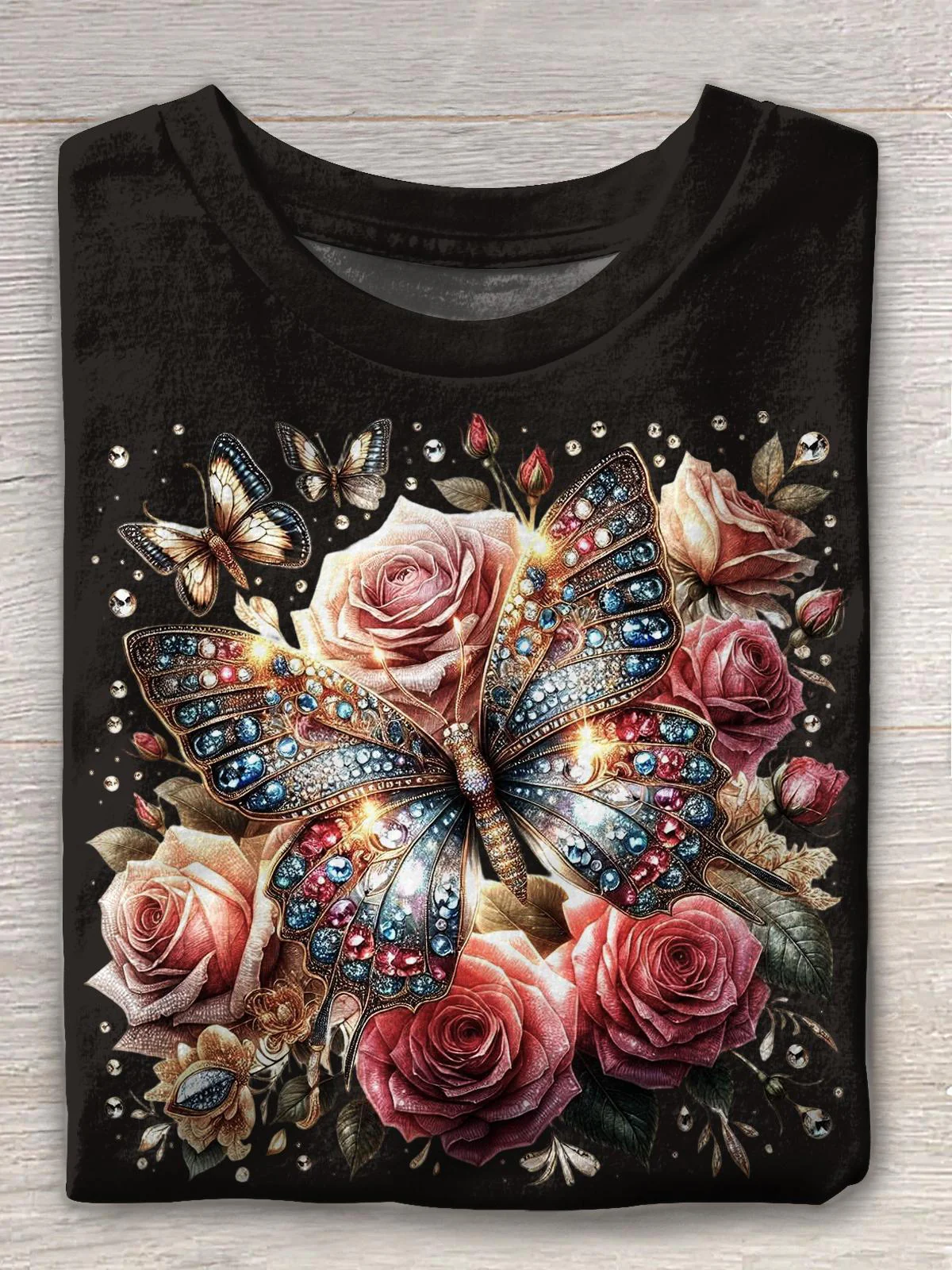 Retro Floral Butterfly Crew Neck T-shirt