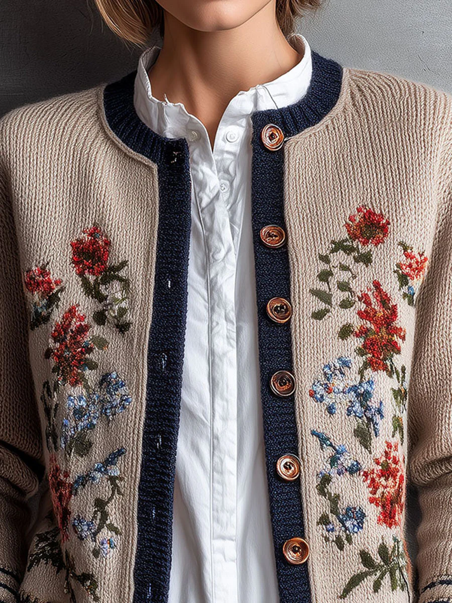 Retro Floral Embroidered Beige Knit Cardigan With Navy Trim - Image 2