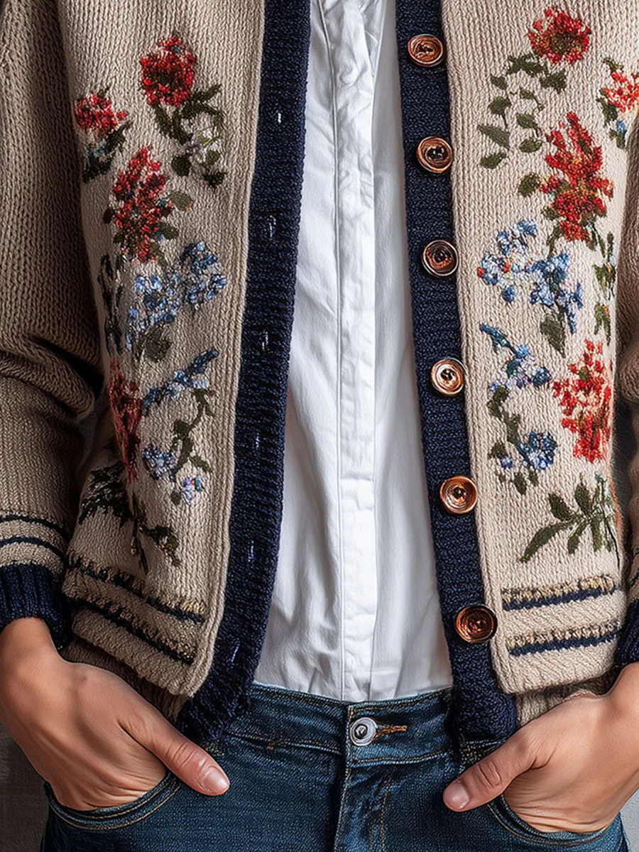 Retro Floral Embroidered Beige Knit Cardigan With Navy Trim - Image 3