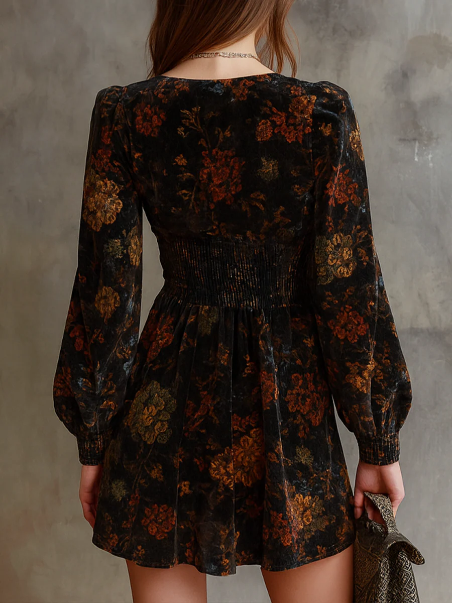 Retro Floral Print Pleated Waist Velvet Mini Dress - Image 2
