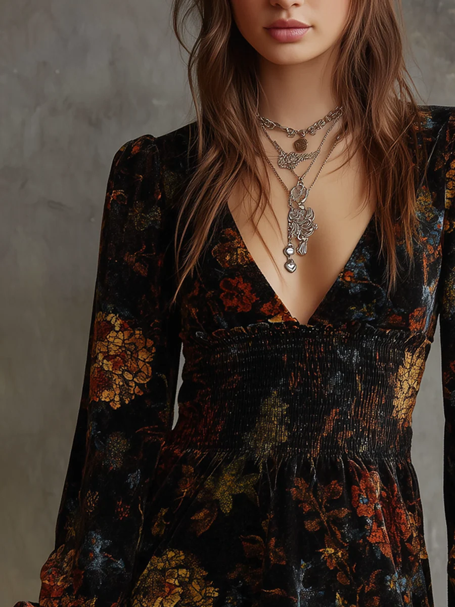 Retro Floral Print Pleated Waist Velvet Mini Dress - Image 3