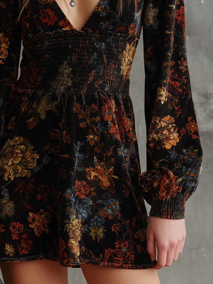 Retro Floral Print Pleated Waist Velvet Mini Dress - Image 4