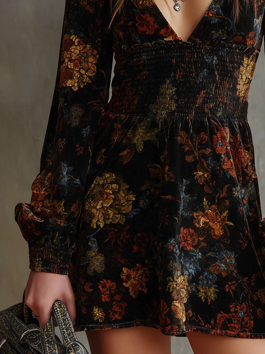 Retro Floral Print Pleated Waist Velvet Mini Dress - Image 5