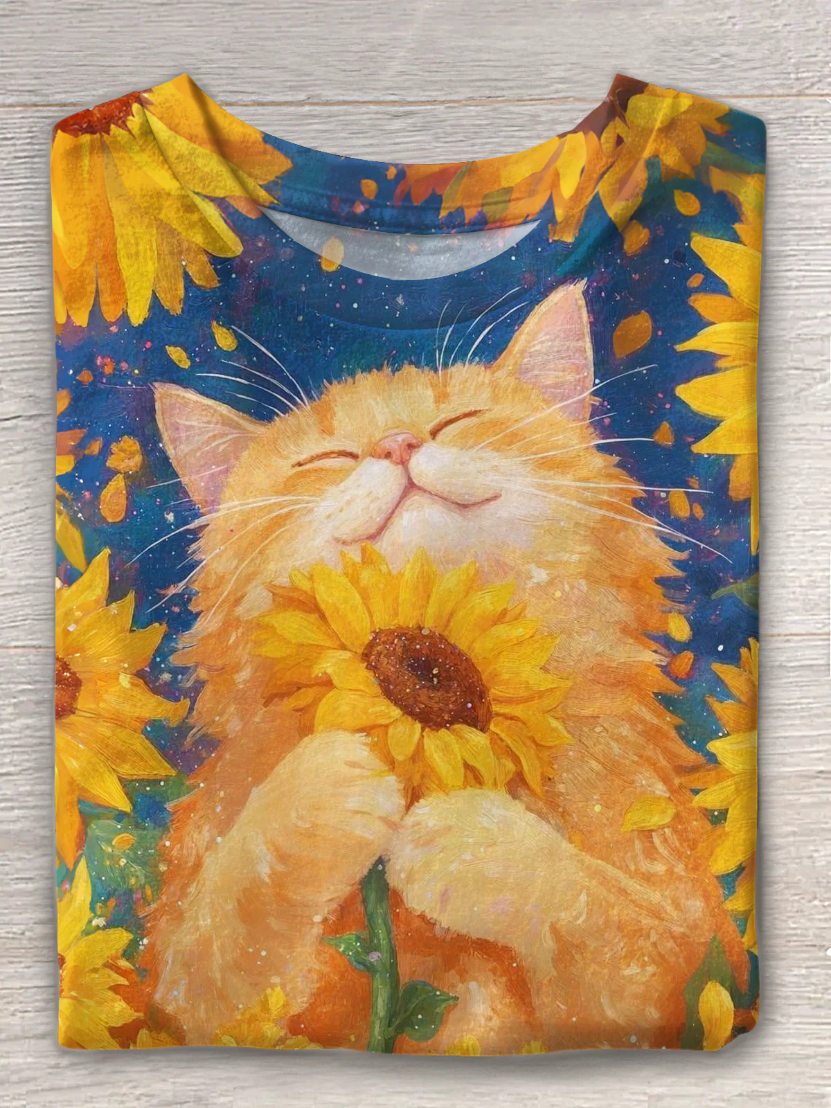 Retro Fun Sunflower Cat Crew Neck T-shirt