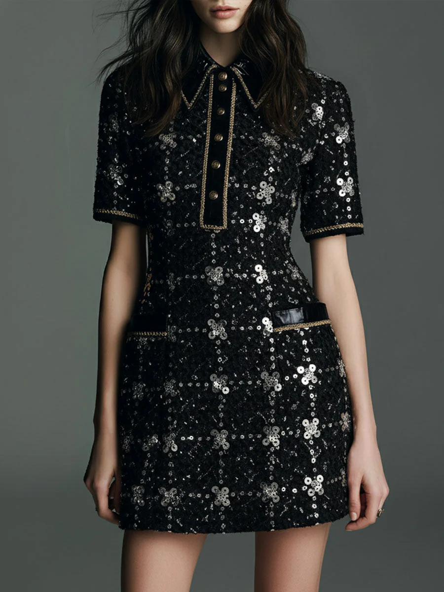 Retro Glamour Luxe Black Sequin Tweed Mini Dress