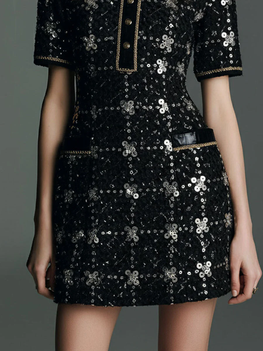 Retro Glamour Luxe Black Sequin Tweed Mini Dress - Image 2