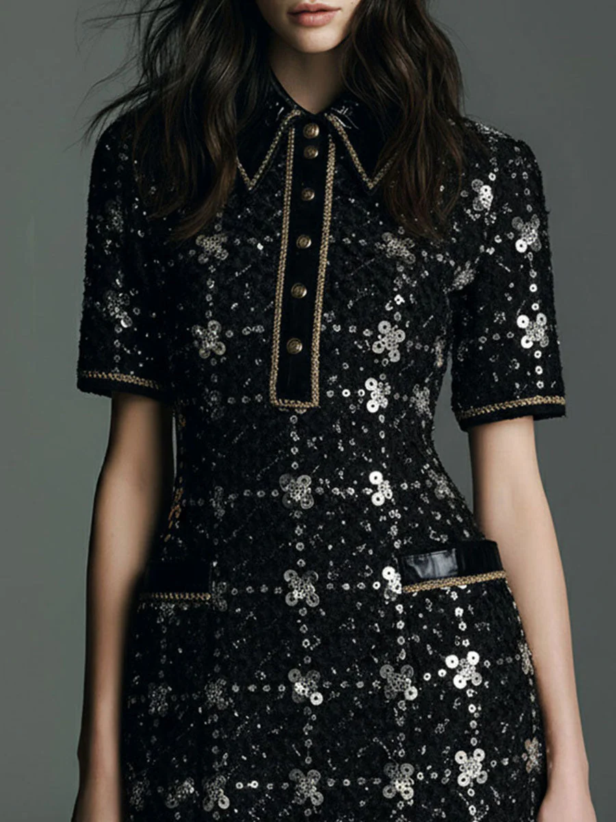 Retro Glamour Luxe Black Sequin Tweed Mini Dress - Image 3