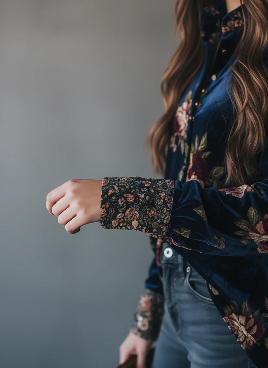 Retro Gold Velvet Floral Print Button-Up Blouse - Image 2