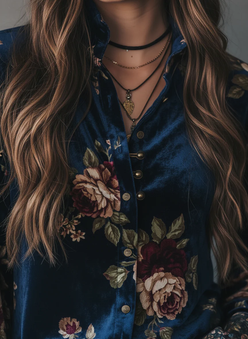 Retro Gold Velvet Floral Print Button-Up Blouse - Image 3