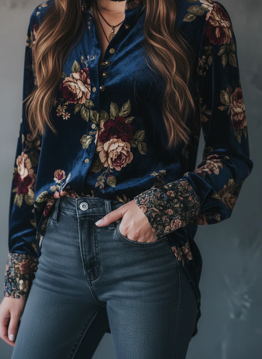 Retro Gold Velvet Floral Print Button-Up Blouse - Image 4