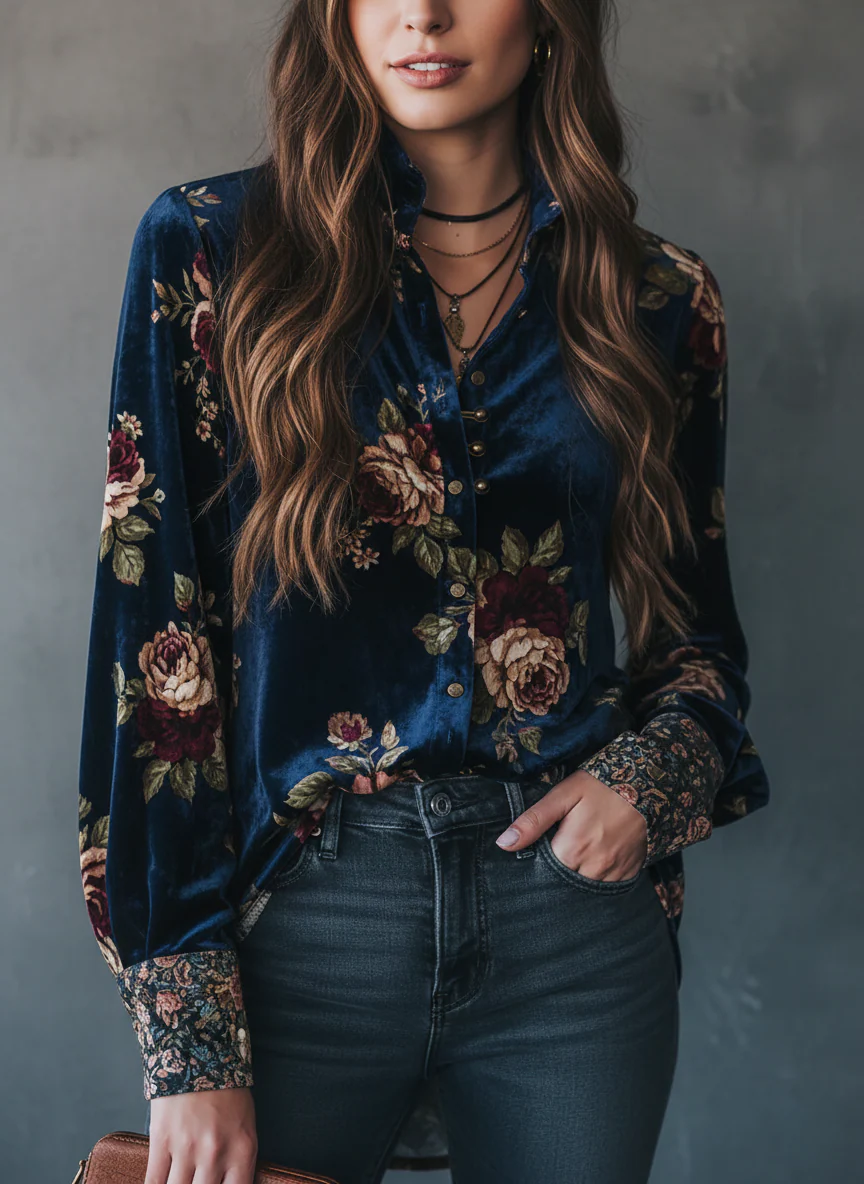 Retro Gold Velvet Floral Print Button-Up Blouse - Image 5