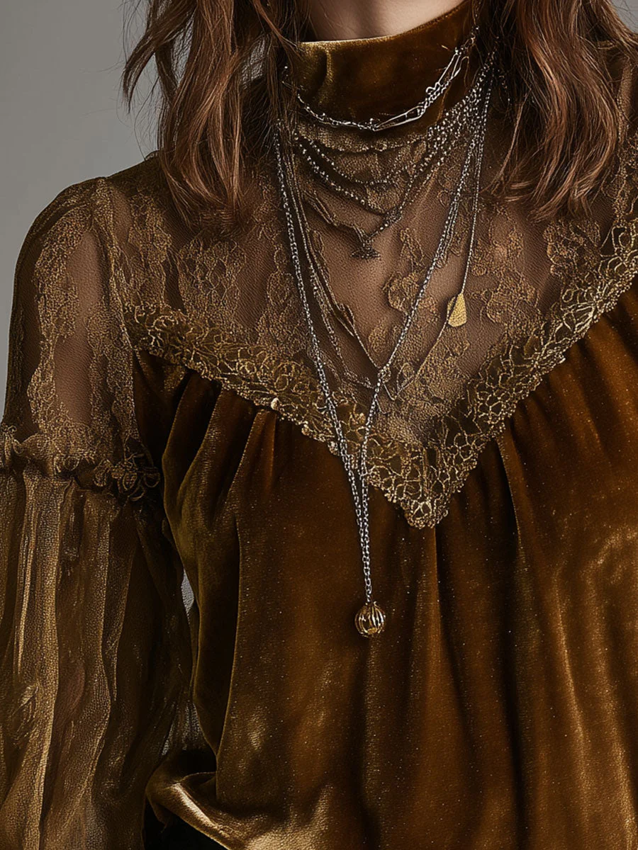 Retro Gold Velvet Lace Patchwork Balloon Sleeve Blouse - Image 2