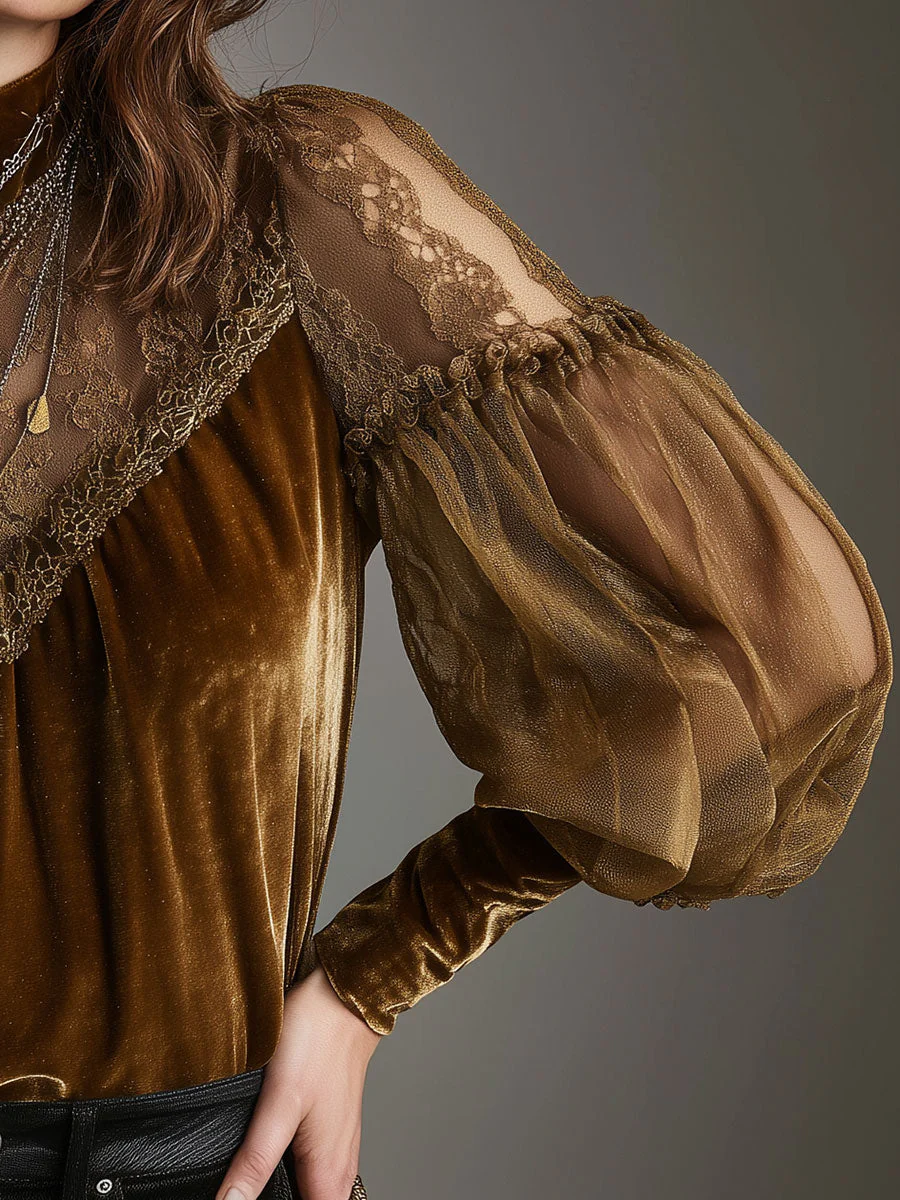 Retro Gold Velvet Lace Patchwork Balloon Sleeve Blouse - Image 3