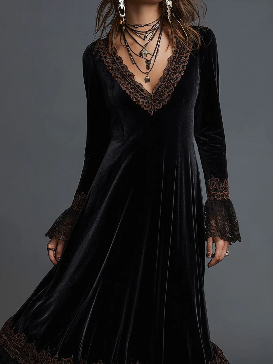 Retro Gold Velvet Lace Splicing Maxi Dress - Image 2