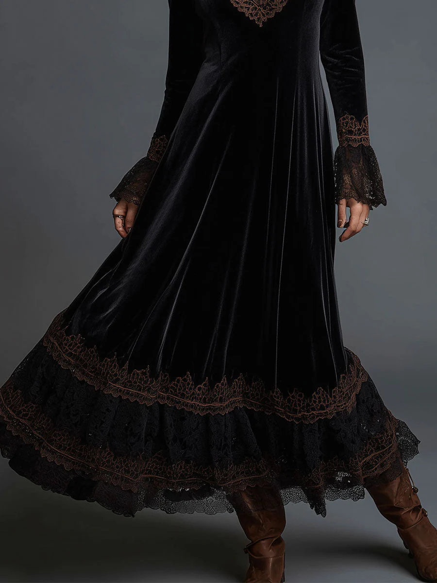 Retro Gold Velvet Lace Splicing Maxi Dress - Image 3