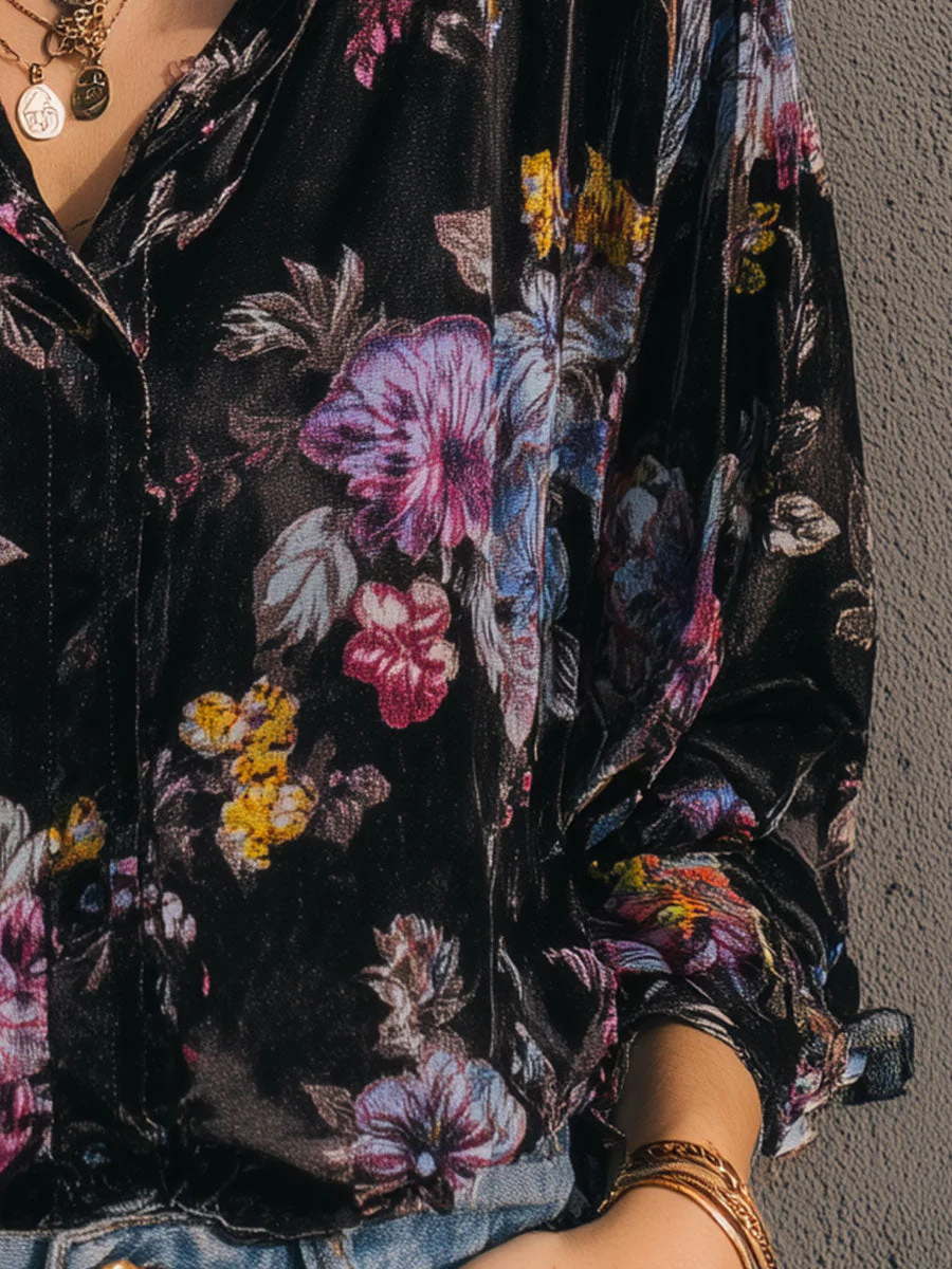 Retro Gold Velvet Printed Long Sleeve Blouse - Image 3