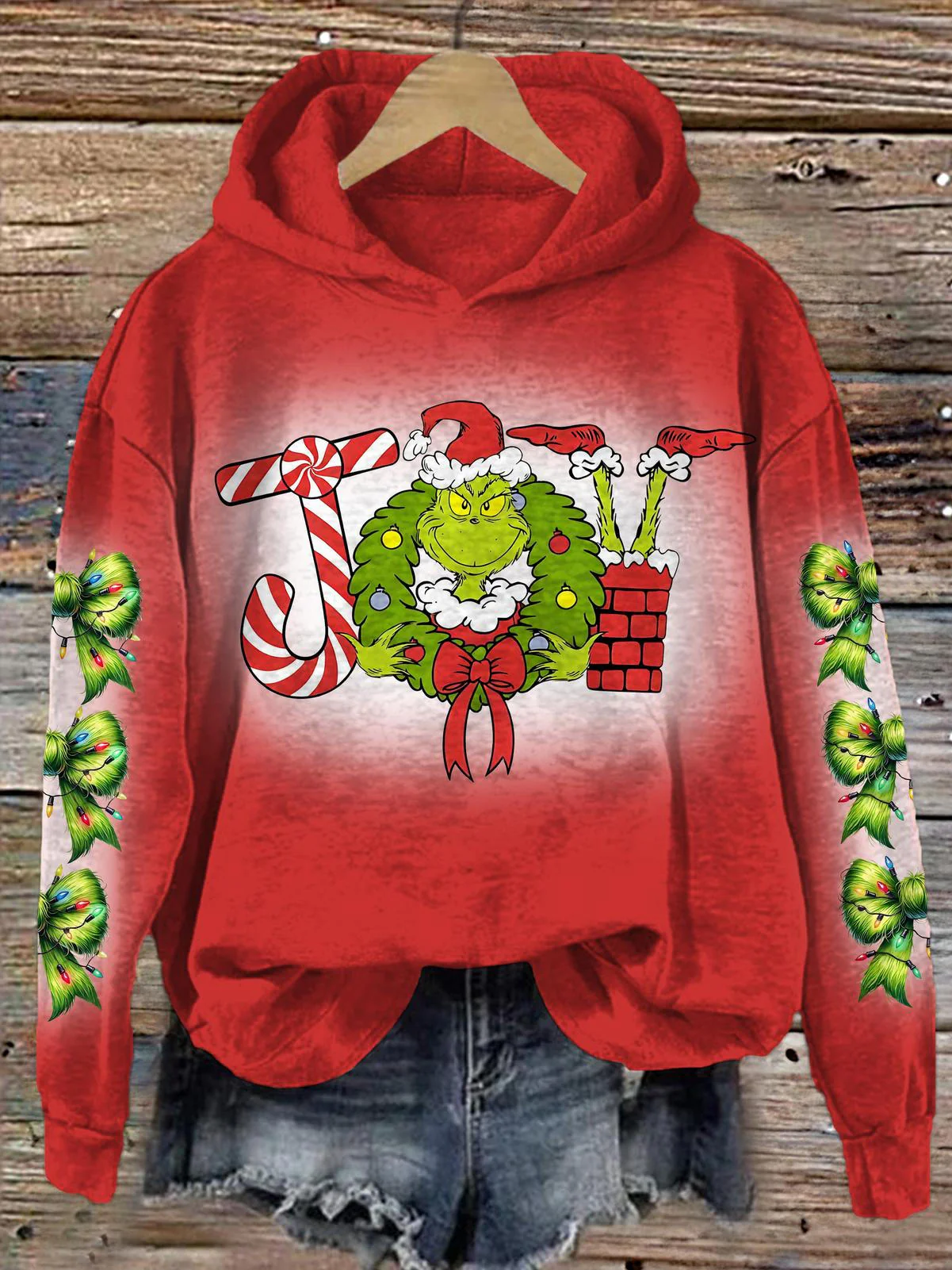 Retro Grinch Christmas Long Sleeve Printed Hoodie - Image 2